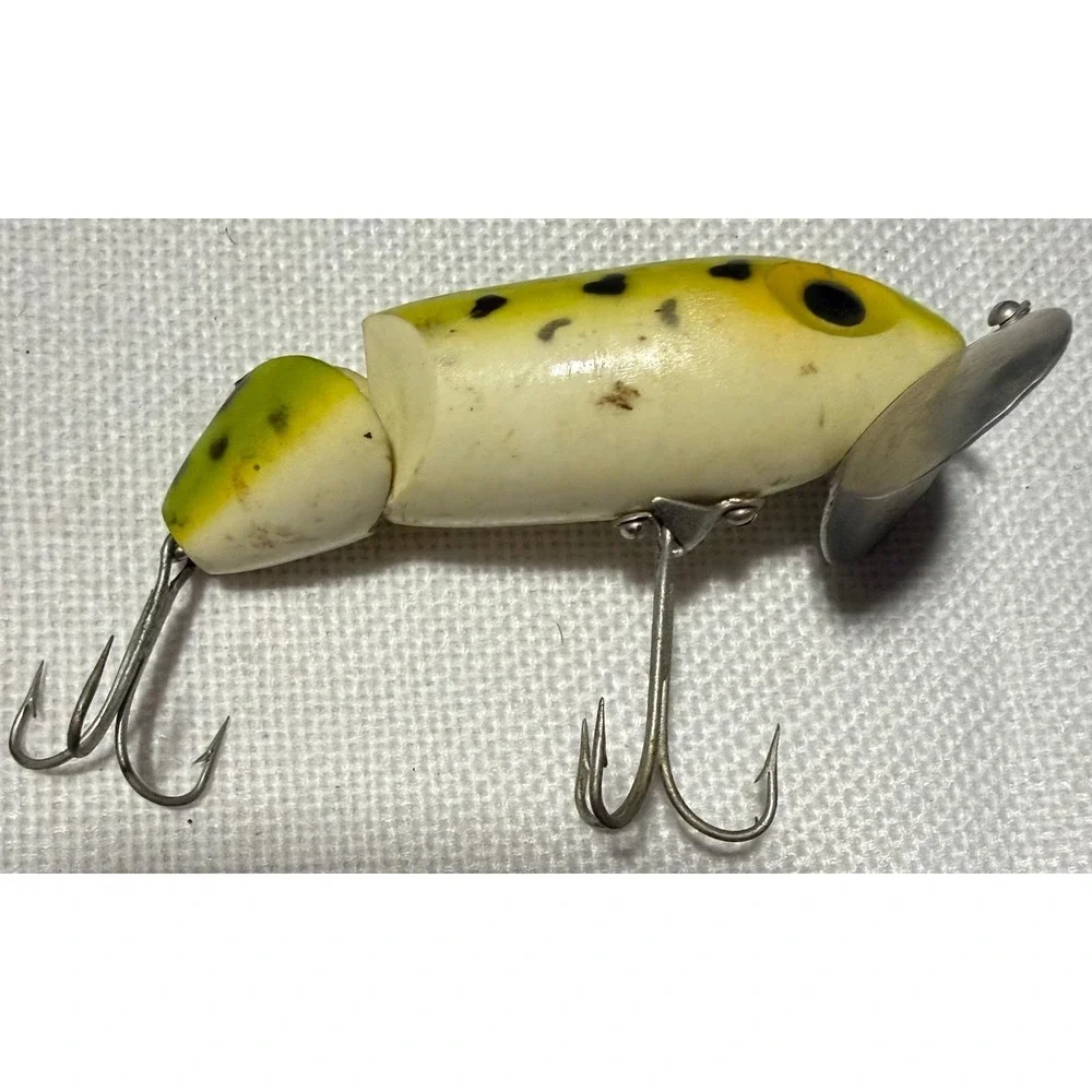 Fred Arbogast Jitterbug Jointed Fishing Lure Yellow Frog Pattern Vintage NB043